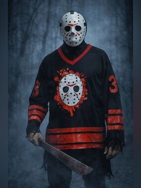 Jason Voorhees Hockey Jersey Horror Costume Friday 13th Distressed Halloween